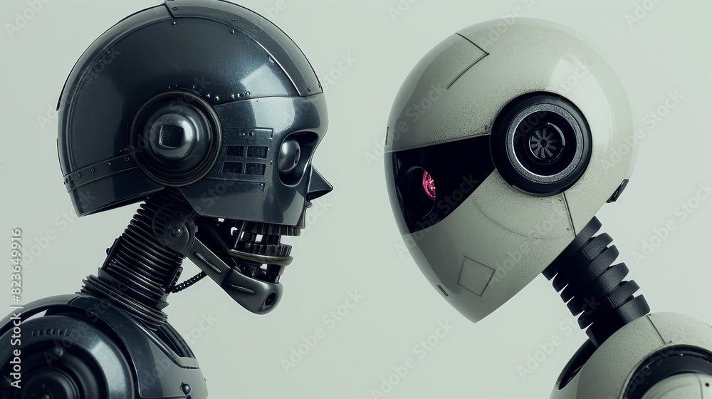 Two highly detailed robotic heads facing each other against a plain background, highlighting futuristic technology and artificial intelligence. Two highly detailed robotic heads facing each other against a plain background, highlighting futuristic technology and artificial intelligence.