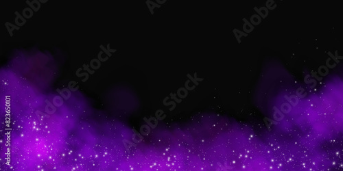 Fantastic smoke background. Purple magic smoke with glitter and small particles of twinkling stars, fog with glowing particles, multicolored steam with stardust.  Vector illustration.