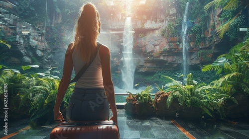 A young woman in casual clothes sits and relaxes in a natural garden with a beautiful waterfall in front. photo