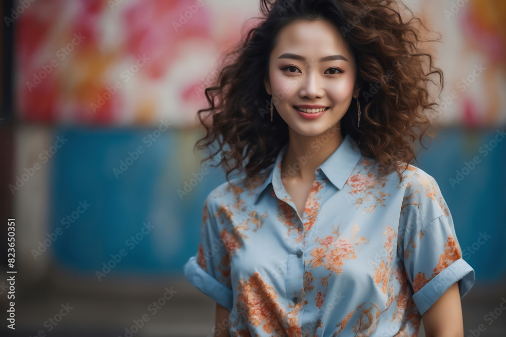 Smiling Chinese Woman with Curly Hair in Floral Blue Blouse in Colorful Urban Street Smiling Chinese Woman with Curly Hair in Floral Blue Blouse in Colorful Urban Street