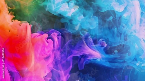 Color Burst iridescent multicolored colorful rainbow smoke powder explosion fluid ink particles slow motion. fog. photo