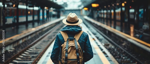 A traveler with a hat and backpack standing on the train station platform, looking back to see an empty track ahead in the style of vintage photography. Soft tones with a wide angle lens and soft ligh