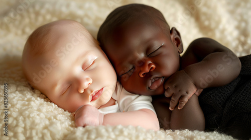 Two sleeping babies, one black and one white, lying next to each other on a fluffy white blanket. photo