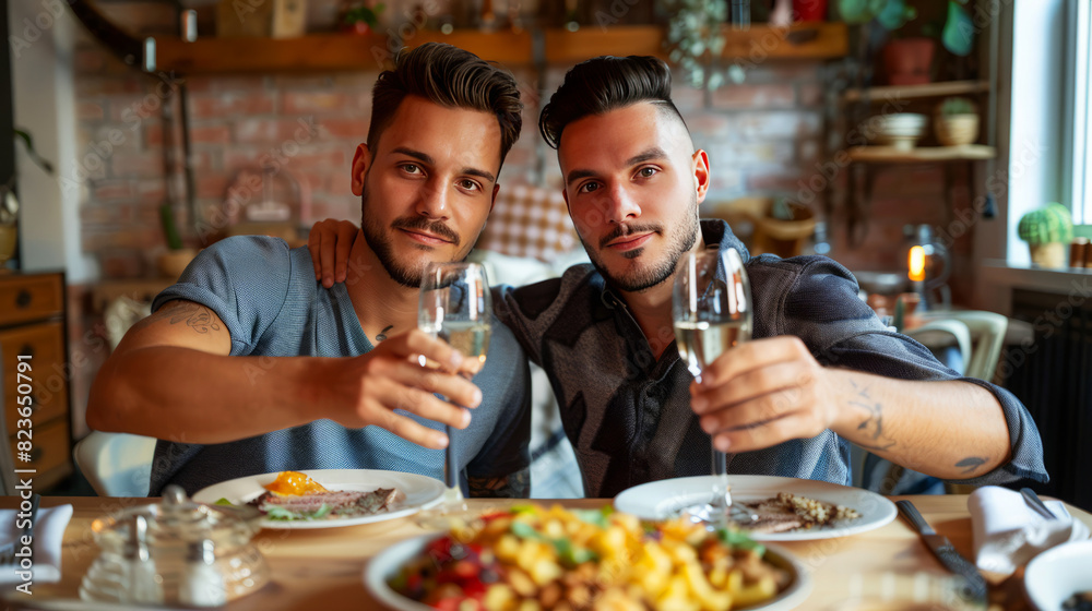 Two men toasting with glasses of champagne during a romantic dinner, capturing love, intimacy, and celebration in a cozy, indoor setting with a warm, inviting atmosphere.
