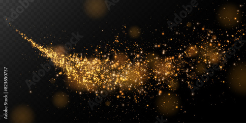 A luminous bokeh that gently shimmers with golden light. Light abstract glowing lights. Glowing bokeh effect isolated on dark background. Christmas background made of glowing dust.	