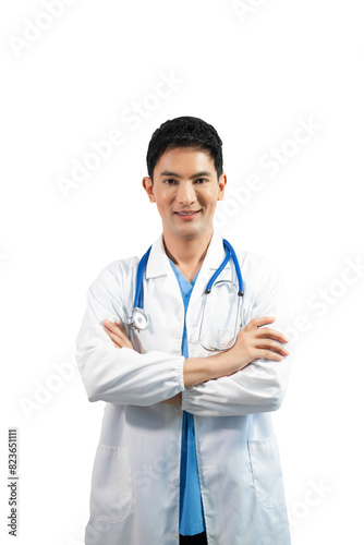 Man portrait of a doctor wearing a white coat and a stethoscope looking into the camera on a white isolated background