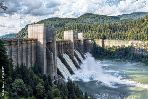 A massive concrete hydroelectric dam with multiple spillways and a powerful waterfall cascading down amidst lush green forests and mountain scenery in an outdoor wilderness setting.