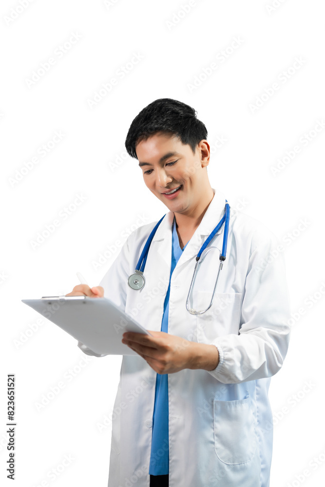Man portrait of a doctor wearing a white coat and a stethoscope looking into the camera on a white isolated background Man portrait of a doctor wearing a white coat and a stethoscope looking into the camera on a white isolated background