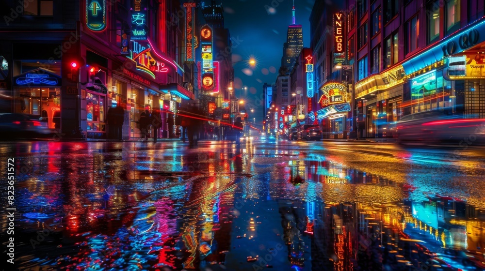 Vibrant neon-lit street scene at night, with colorful signs and reflections creating a dynamic atmosphere --ar 16:9 --style raw Job ID: 04eb356e-0062-460f-81ba-d49b6306b046 Vibrant neon-lit street scene at night, with colorful signs and reflections creating a dynamic atmosphere --ar 16:9 --style raw Job ID: 04eb356e-0062-460f-81ba-d49b6306b046
