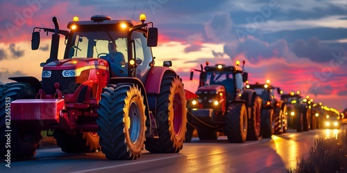 Farmers protesting tax increases and legal changes with tractors causing gridlock. Concept Farmer Protests, Tax Increases, Legal Changes, Tractor Gridlock, Political Demonstrations photo