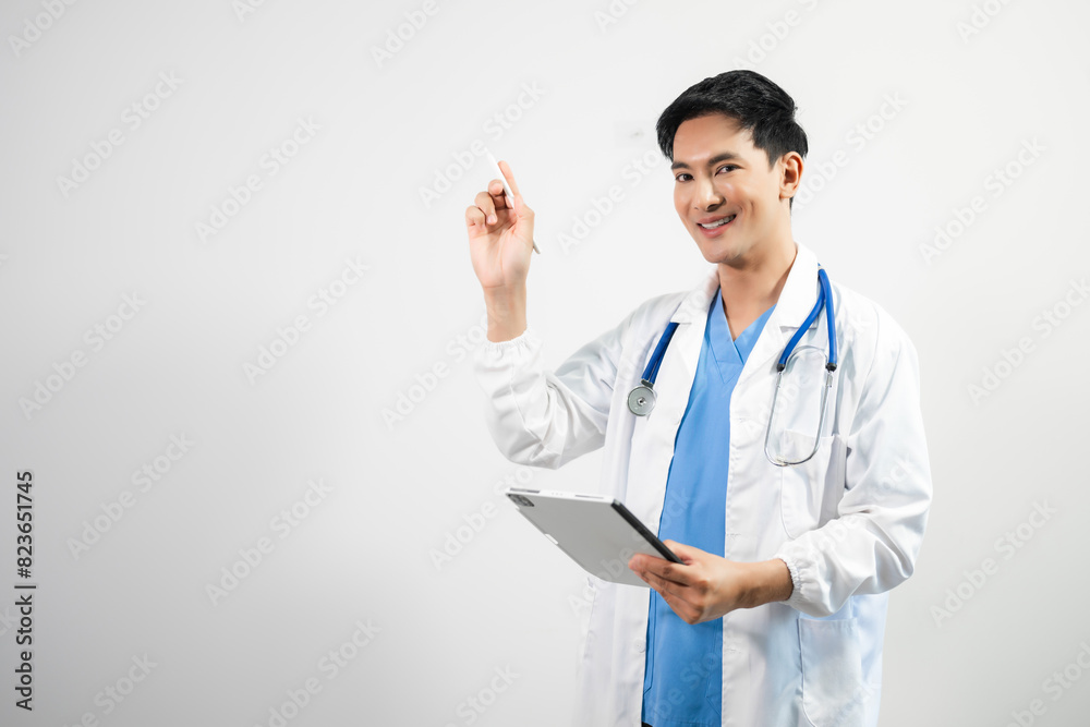 Man portrait of a doctor wearing a white coat and a stethoscope looking into the camera on a white isolated background Man portrait of a doctor wearing a white coat and a stethoscope looking into the camera on a white isolated background