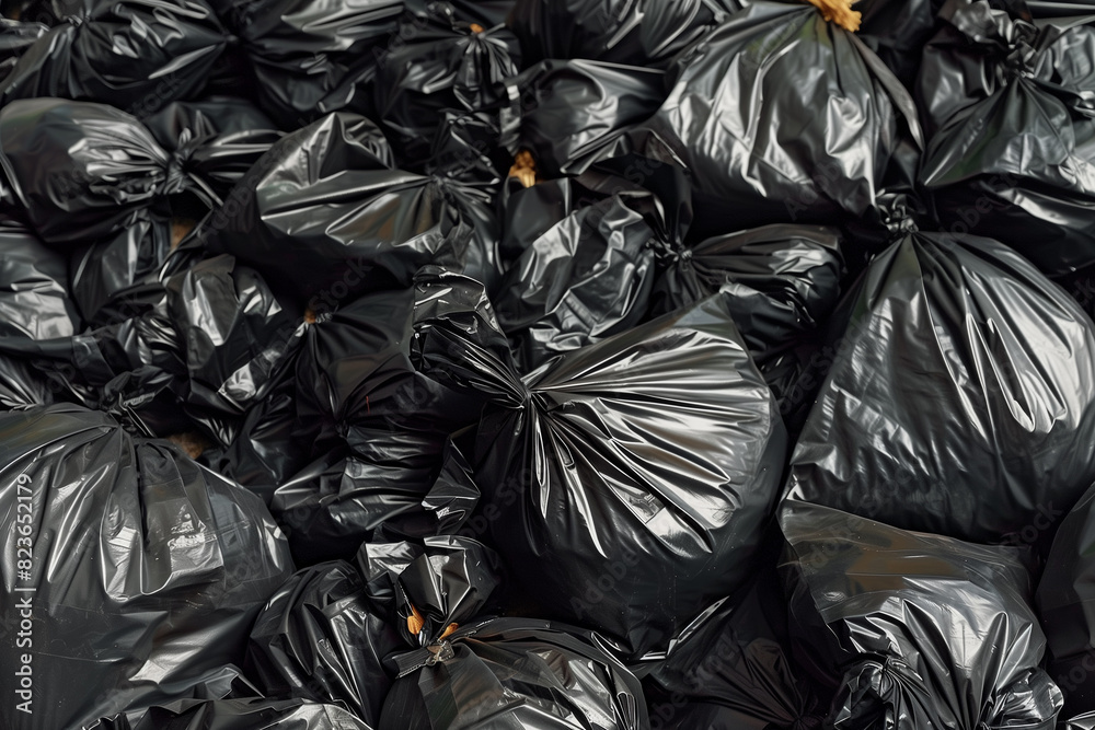 A pile of black plastic bags, some of which are tied, and some of which are not