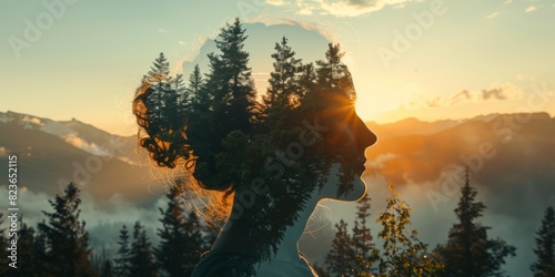 Traveler working from mountain cabin, scenic views close up, focus on, copy space, serene and earthy tones, Double exposure silhouette with nature backdrop photo