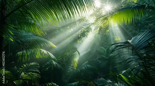 Tropical rainforest, sunlight streaming through canopy close up, focus on, copy space, lush and exotic greens, Double exposure silhouette with dense jungle