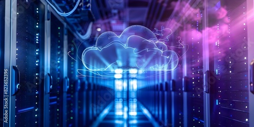 Blue cloud in server room with servers and cables transforming computing technology. Concept Cloud Computing, Data Centers, Technology Transformation, Server Infrastructure, IT Networking