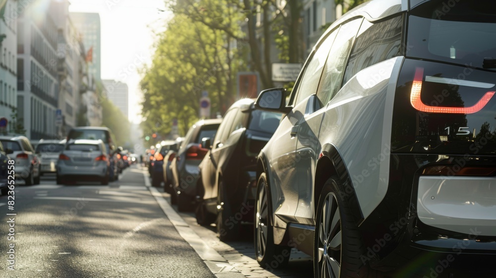 Showcase electric cars in the daily commute, emphasizing their role in reducing emissions and improving air quality in urban environments --ar 16:9 