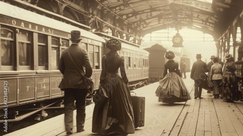 Sepia-toned image of a historic train station, complete with period-appropriate clothing and luggage --ar 16:9 --style raw Job ID: 883c55e2-f64a-40ae-8ed2-89595da783c9 © songwut