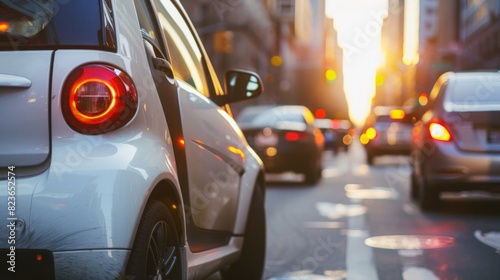 Showcase electric cars in the daily commute, emphasizing their role in reducing emissions and improving air quality in urban environments --ar 16:9 