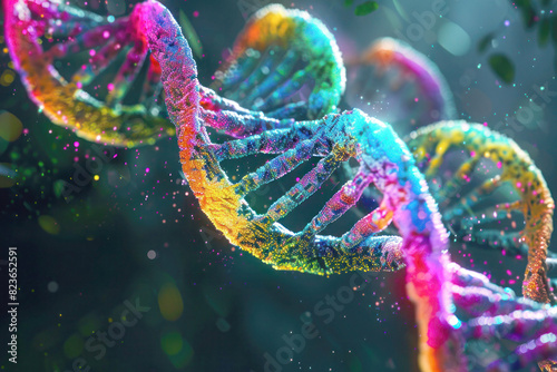 Vibrant DNA strands twisting against a high-contrast black background, reflecting the complexity and beauty of genetics in healthcare.