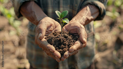 Seedling in Farmer's Hands - A photo showcasing a farmer's hands holding a seedling, with a field background, symbolizing hope, growth, and the future of agriculture. photo