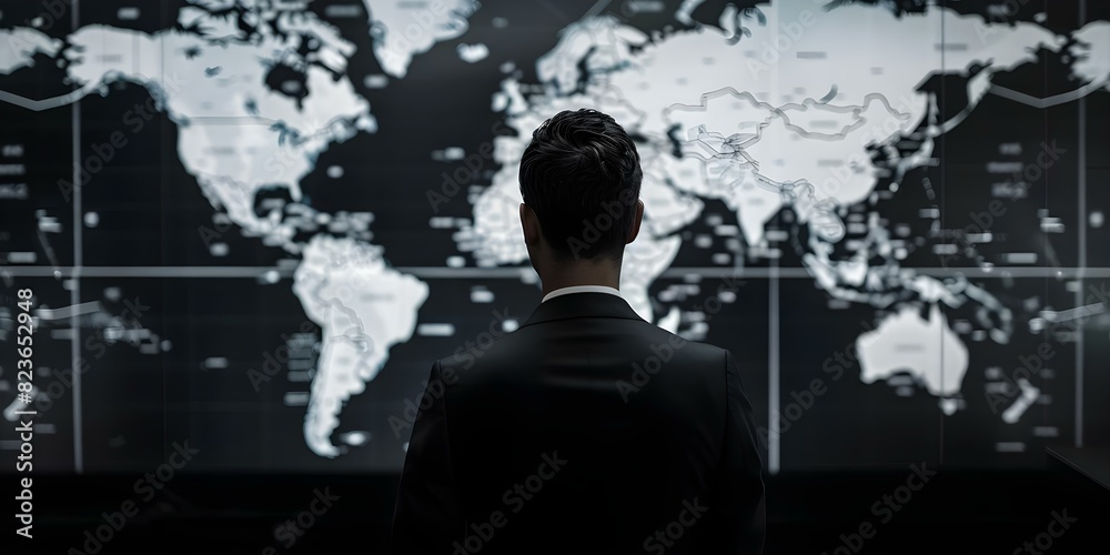 Politician in room monitors global events on world maps. Concept Politicians, Global Events, World Maps, Monitoring, Room Politician in room monitors global events on world maps. Concept Politicians, Global Events, World Maps, Monitoring, Room
