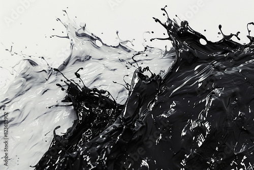 A fierce clash of jet black and icy white oil paint splashes, creating a striking contrast like a thunderstorm in monochrome. photo