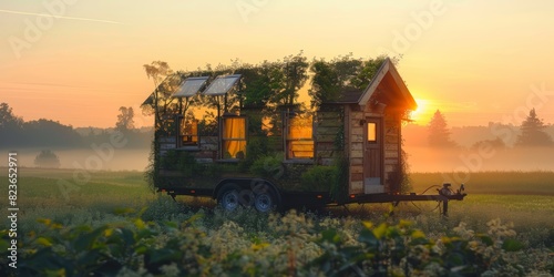 Tiny house in nature, efficient and green living close up, focus on, copy space, cozy and vibrant colors, Double exposure silhouette with ecofriendly architecture