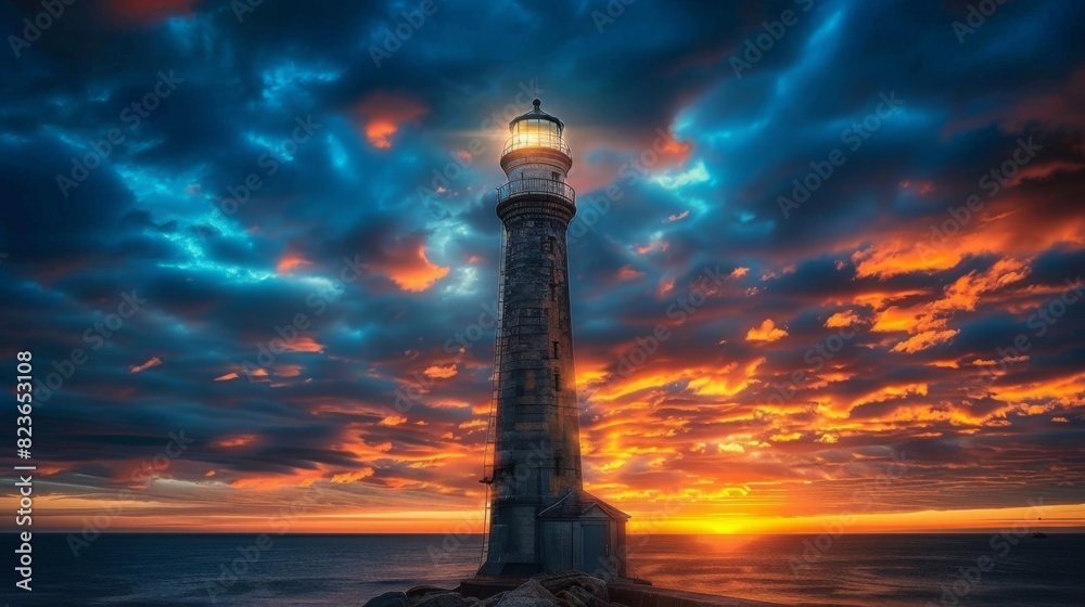 Tall image of a historic lighthouse standing against a dramatic sky --ar 16:9 --style raw Job ID: fcb48e71-29f9-4f56-86d9-01c14f923d36
