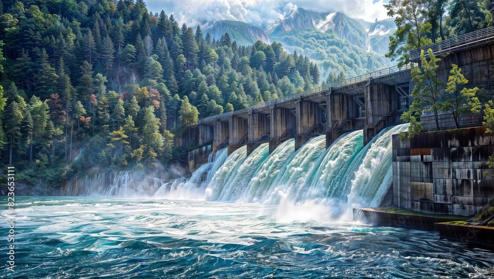 A large hydroelectric dam with a spillway and powerhouse, surrounded by mountains and a lake.