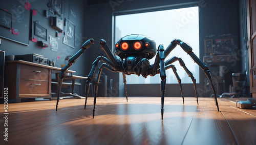 A futuristic mechanical spider with a sleek metallic body and glowing blue eyes stands prominently. The spider's legs are jointed and detailed, displaying advanced technology photo