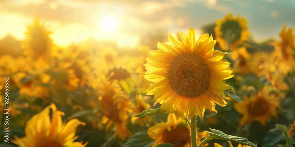 Fototapeta premium Sunflowers in full bloom, golden petals and green leaves close up, focus on, copy space, bright and cheerful colors, Double exposure silhouette with sunny field