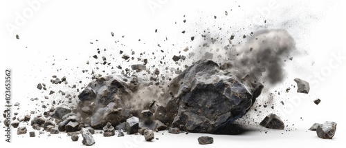 Large pieces of dark gray stone crashed to the ground, sending up a spray of dust and debris. photo