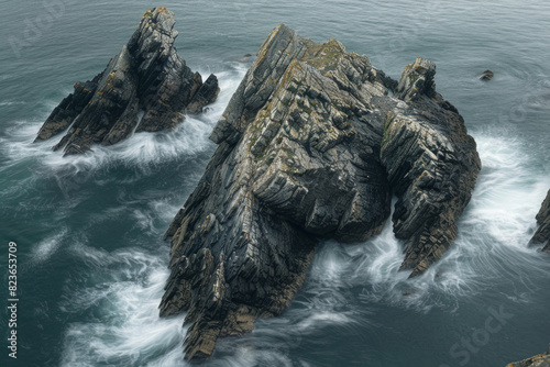 Aerial view of rocky outcrops jutting out of the ocean, emphasizing the stark contrast between the solid rocks and the fluid water. Focus on the natural lines and shapes for a minimalist composition. 