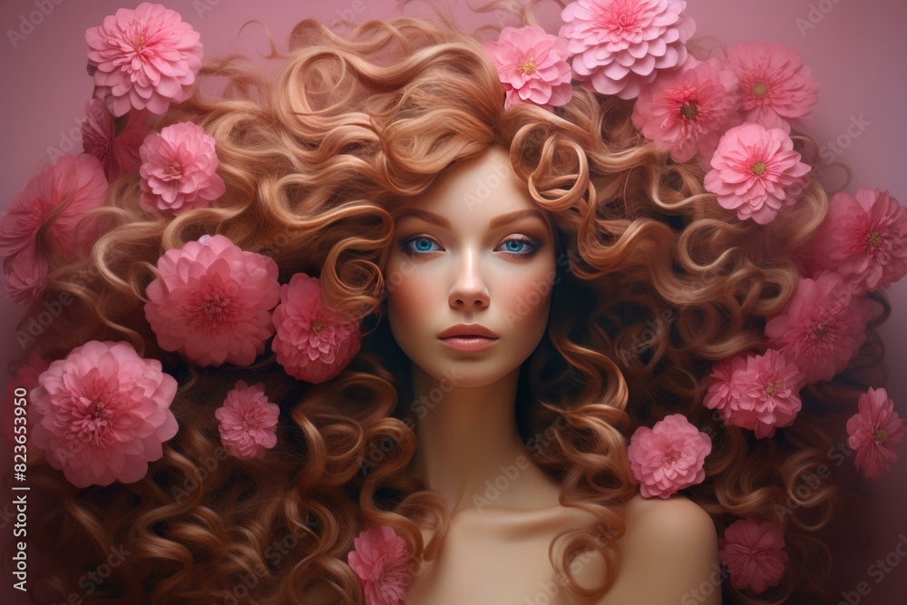 Naklejka premium Artistic portrait of a woman with flowing hair and pink blossoms weaving through her curls