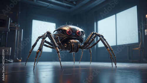 A futuristic mechanical spider with a sleek metallic body and glowing blue eyes stands prominently. The spider's legs are jointed and detailed, displaying advanced technology