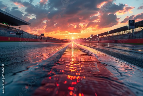 Formula One racetrack that was deserted at sunrise with visibility. Generative Ai