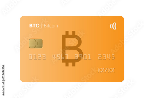 Bitcoin bank credit card isolated on white background. Cryptocurrency. Vector illustration, mockup. 