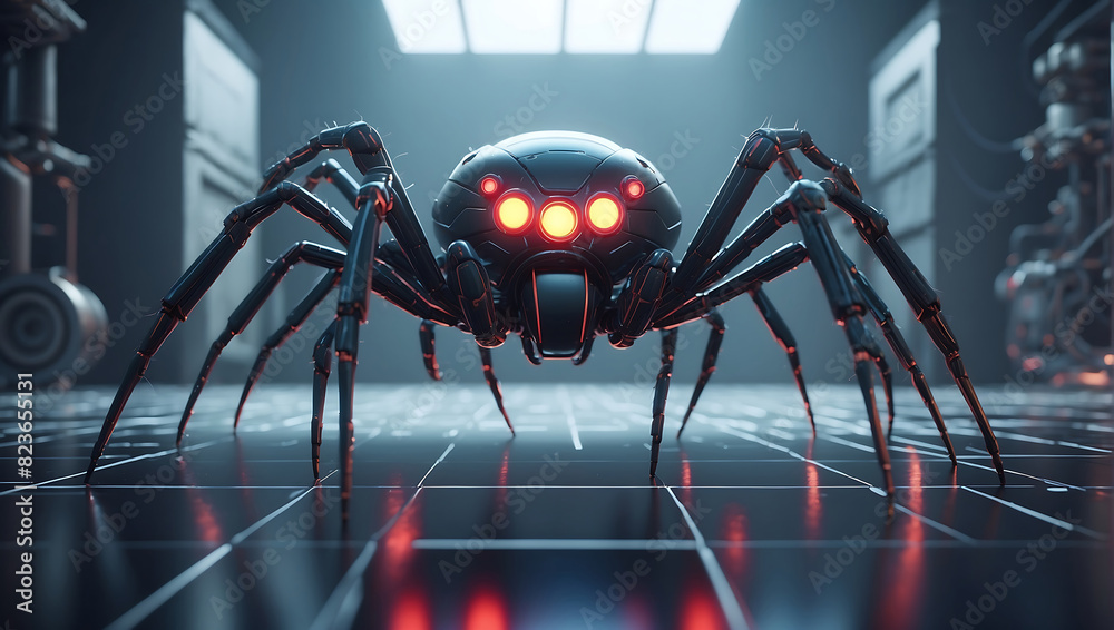 A futuristic mechanical spider with a sleek metallic body and glowing blue eyes stands prominently. The spider's legs are jointed and detailed, displaying advanced technology