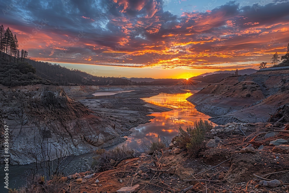 A Sunset View of the Oroville Dams Illustrating the Vital. Generative Ai