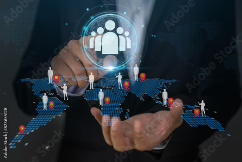 Businessman hold global customer network technology, data exchanges development, customer service, hr, communication, customer relationship management, social media.digital marketing online