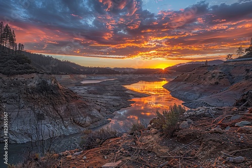 A Sunset View of the Oroville Dams Illustrating the Vital. Generative Ai