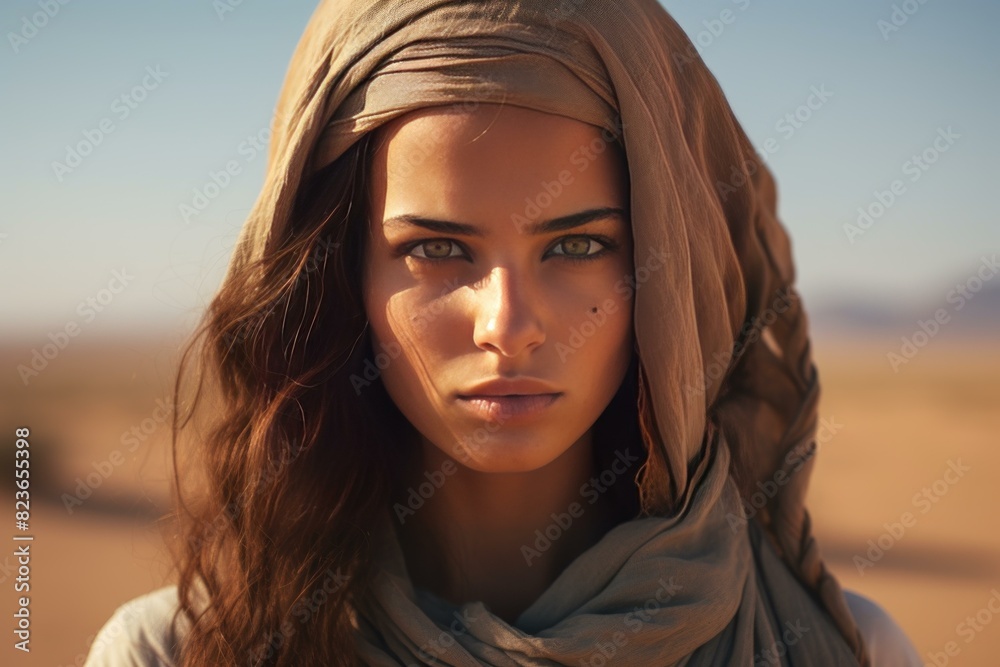 Captivating portrait of a young woman wearing a headscarf with a serene desert backdrop