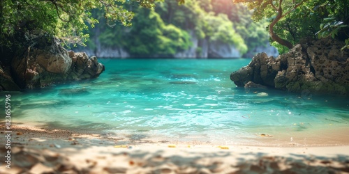 Secluded cove with clear turquoise water, sandy beach close up, focus on, copy space, bright and serene hues, Double exposure silhouette with tropical paradise photo