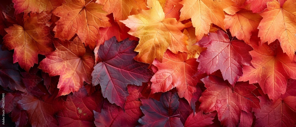 Obraz premium Macro image of a lively maple leaf. Bright red to yellow gradient