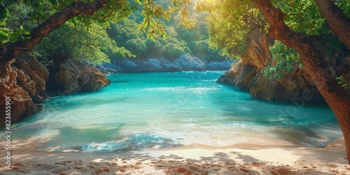 Secluded cove with clear turquoise water, sandy beach close up, focus on, copy space, bright and serene hues, Double exposure silhouette with tropical paradise