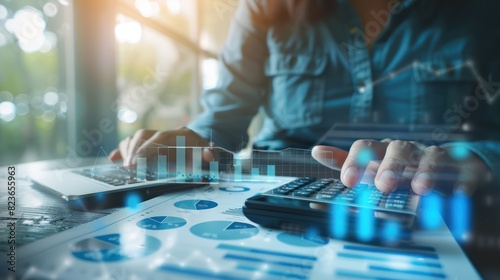 Businessman working with modern computer calculator virtual dashboard analyzing finance sales data and economic growth graph chart and account report technology.