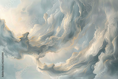 A subtle flow of ash grey and pale gold oil paint clouds, mingling like the soft whispers of an early dawn.