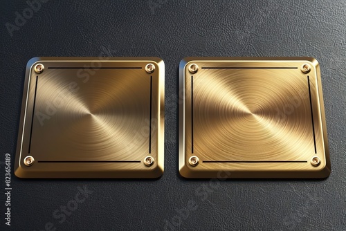 Brass or gold dinnerware isolated golden name plaques empty mockup. Generative Ai