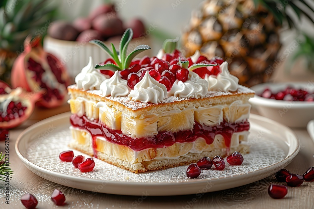 A slice of cake with whipped cream and fruit on top A slice of cake with whipped cream and fruit on top