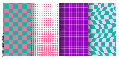 90s background set, y2k retro patterns. Colourful geometric wavy swirl chess, trendy trippy style, vector illustration